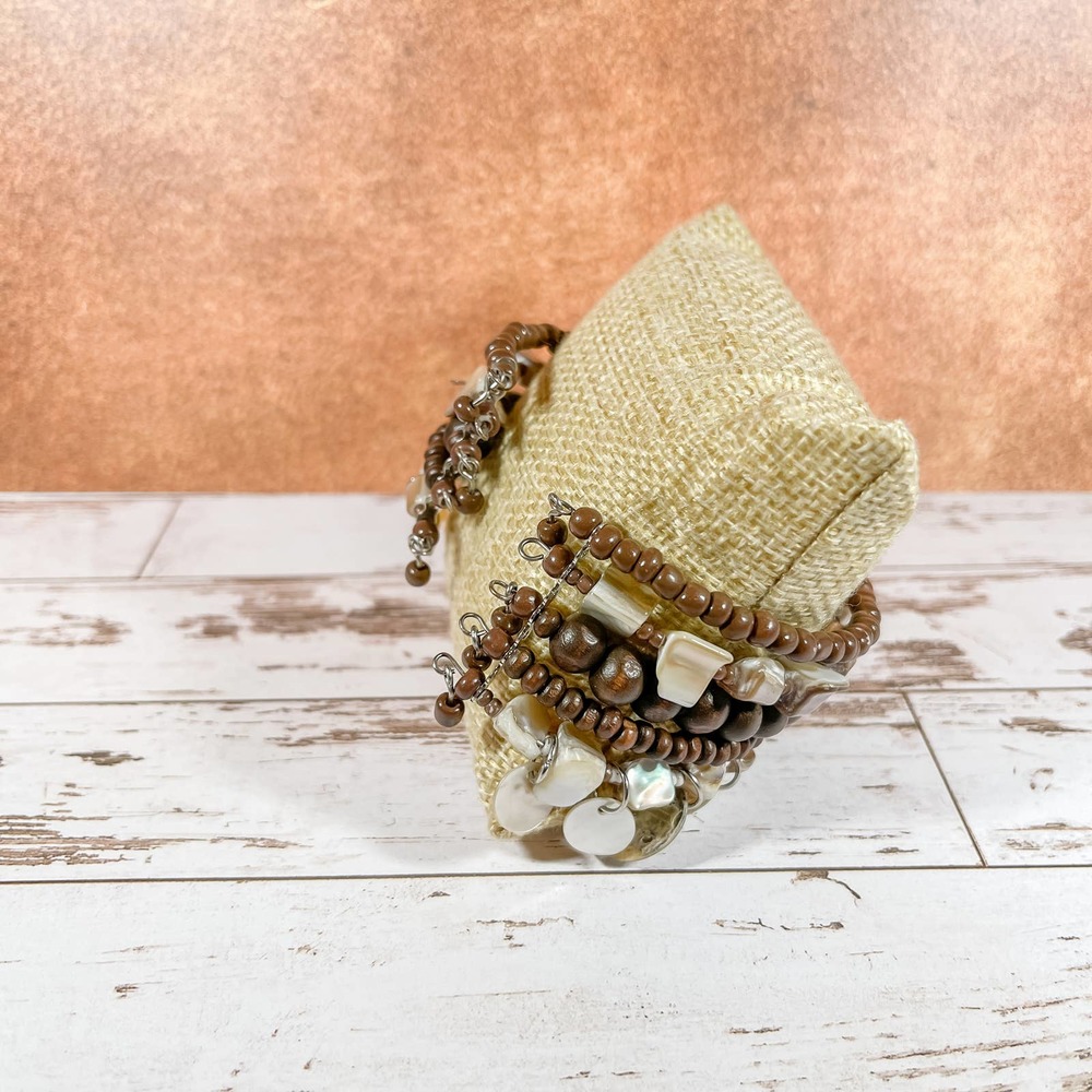 Wood and Abalone Shell Beaded‎ Cuff Bracelet - Picture 2 of 11